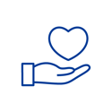 Icon of a hand holding a heart, symbolizing care, support, or charity