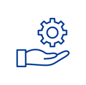 Icon of a hand holding a gear, symbolizing support, maintenance, or operational control.