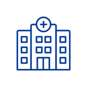 Icon of a hospital building with a medical cross, symbolizing healthcare facilities or hospitals.