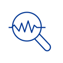 Icon of a magnifying glass with a heartbeat wave inside, representing data analysis